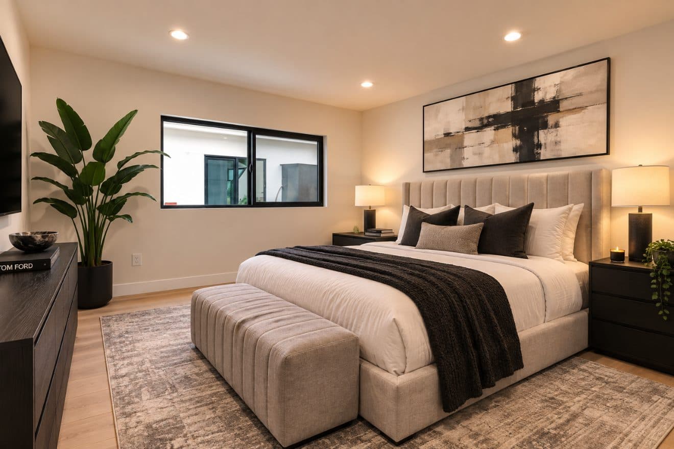 Bedroom suite in warm evening light