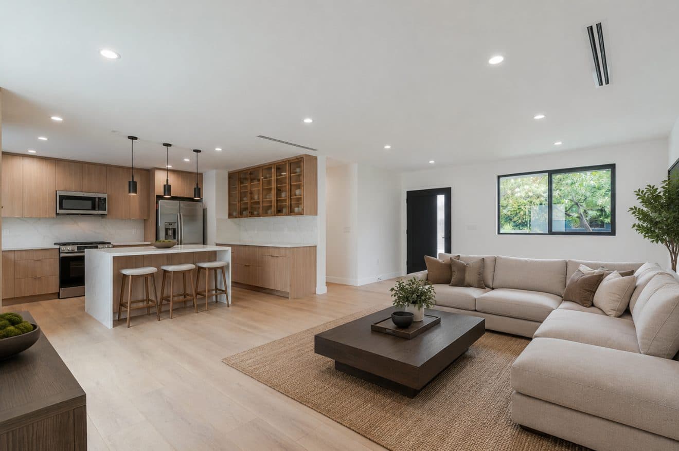 Open-plan living room and kitchen with natural oak cabinetry
