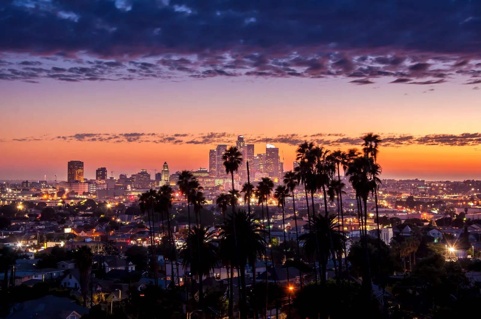 Downtown Los Angeles skyline at sunset, framed by palm trees